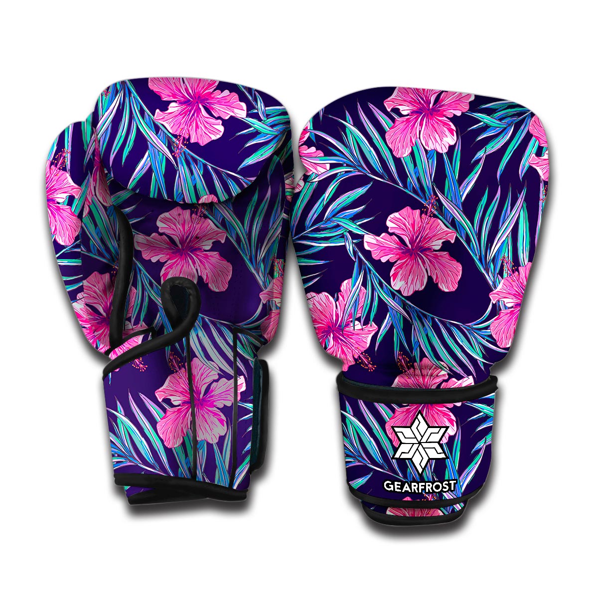 Teal Tropical Hibiscus Pattern Print Boxing Gloves