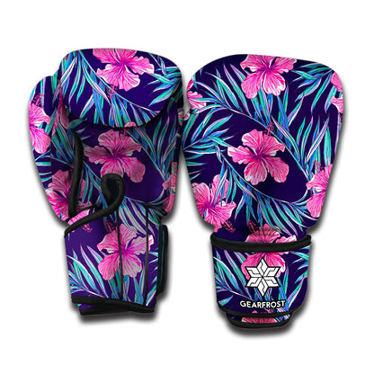 Teal Tropical Hibiscus Pattern Print Boxing Gloves