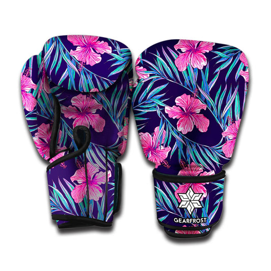 Teal Tropical Hibiscus Pattern Print Boxing Gloves