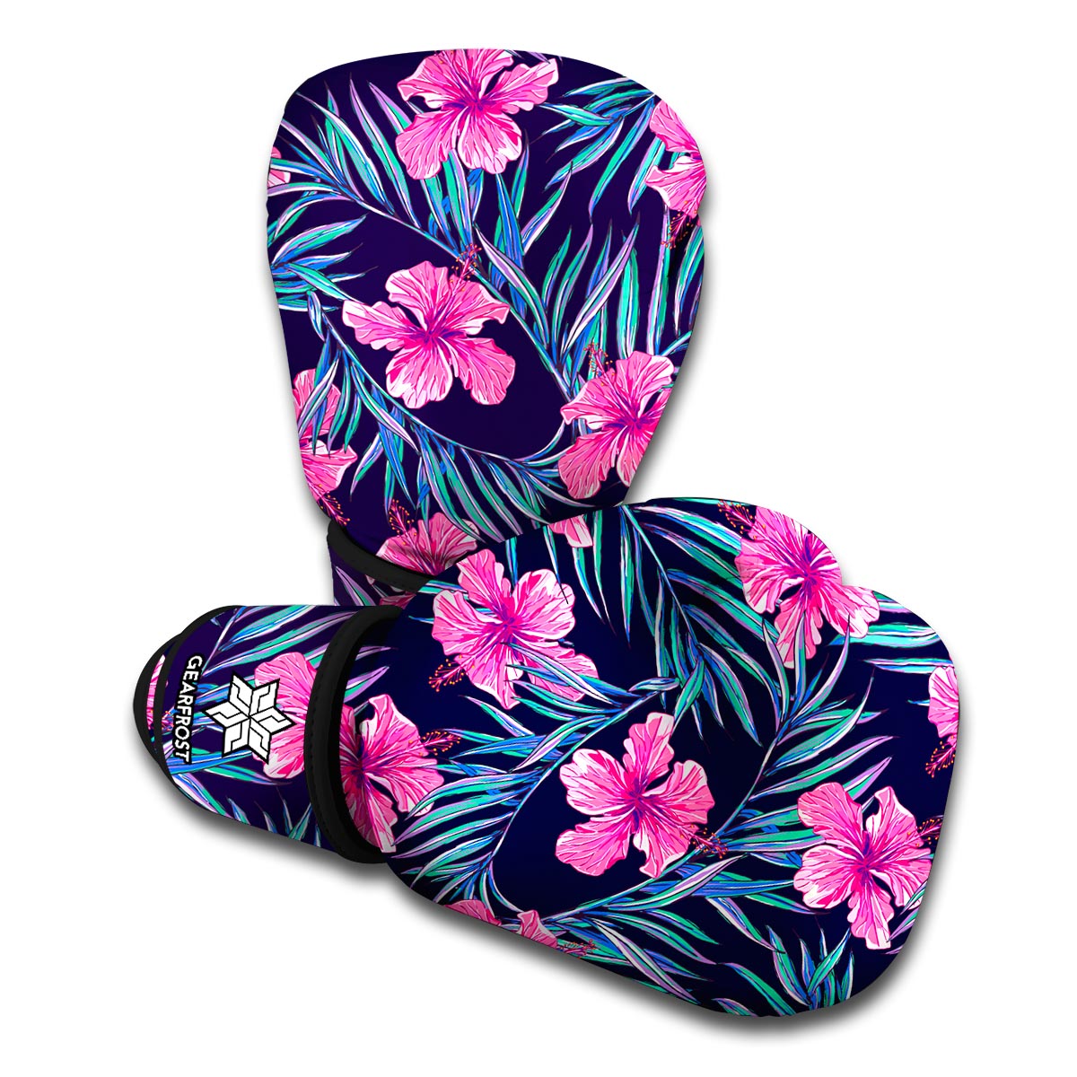 Teal Tropical Hibiscus Pattern Print Boxing Gloves