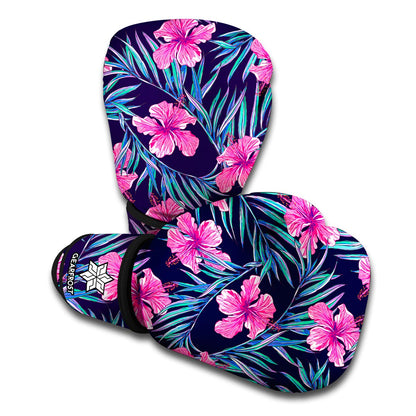 Teal Tropical Hibiscus Pattern Print Boxing Gloves