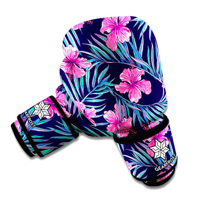 Teal Tropical Hibiscus Pattern Print Boxing Gloves