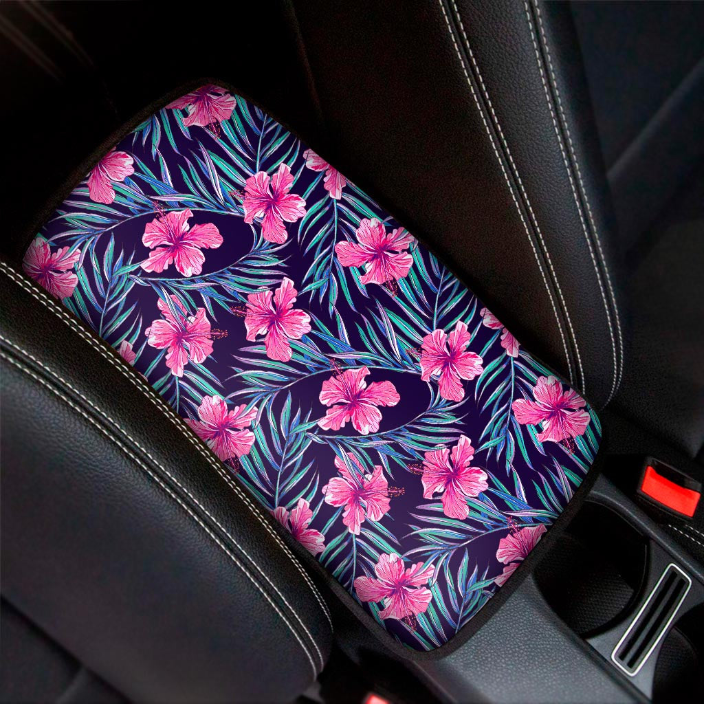 Teal Tropical Hibiscus Pattern Print Car Center Console Cover