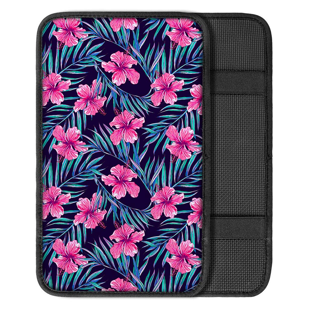 Teal Tropical Hibiscus Pattern Print Car Center Console Cover