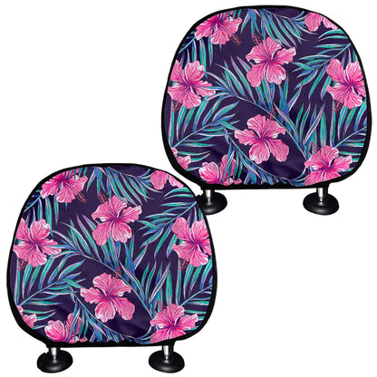 Teal Tropical Hibiscus Pattern Print Car Headrest Covers