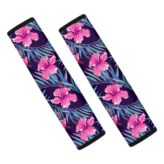 Teal Tropical Hibiscus Pattern Print Car Seat Belt Covers