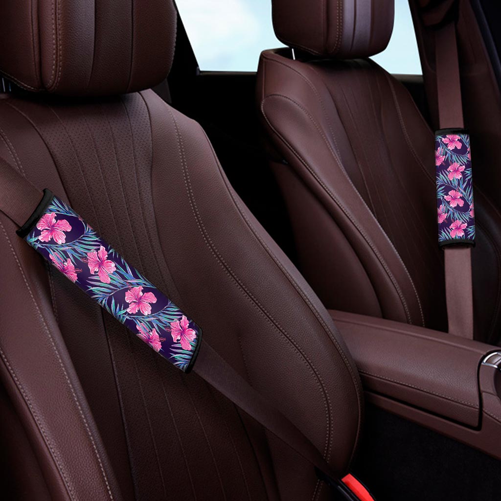 Teal Tropical Hibiscus Pattern Print Car Seat Belt Covers