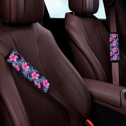 Teal Tropical Hibiscus Pattern Print Car Seat Belt Covers