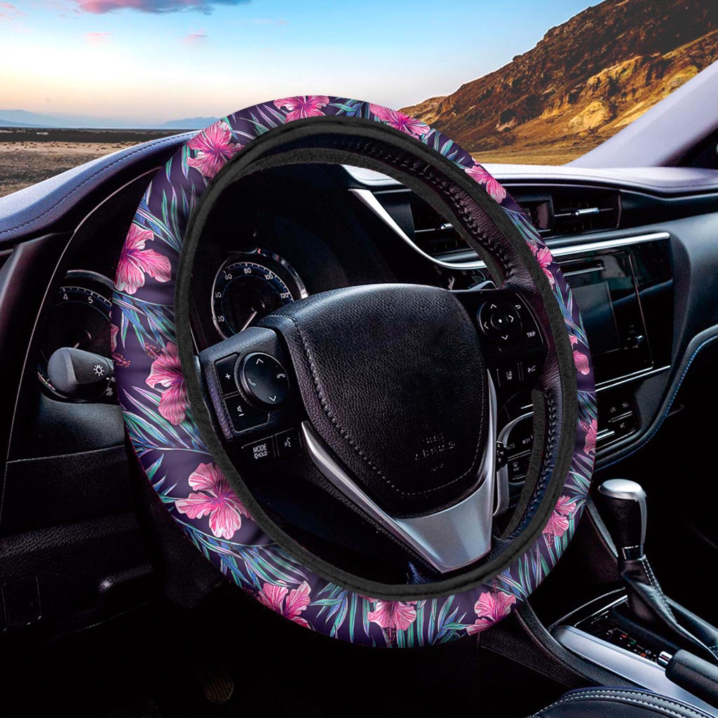 Teal Tropical Hibiscus Pattern Print Car Steering Wheel Cover