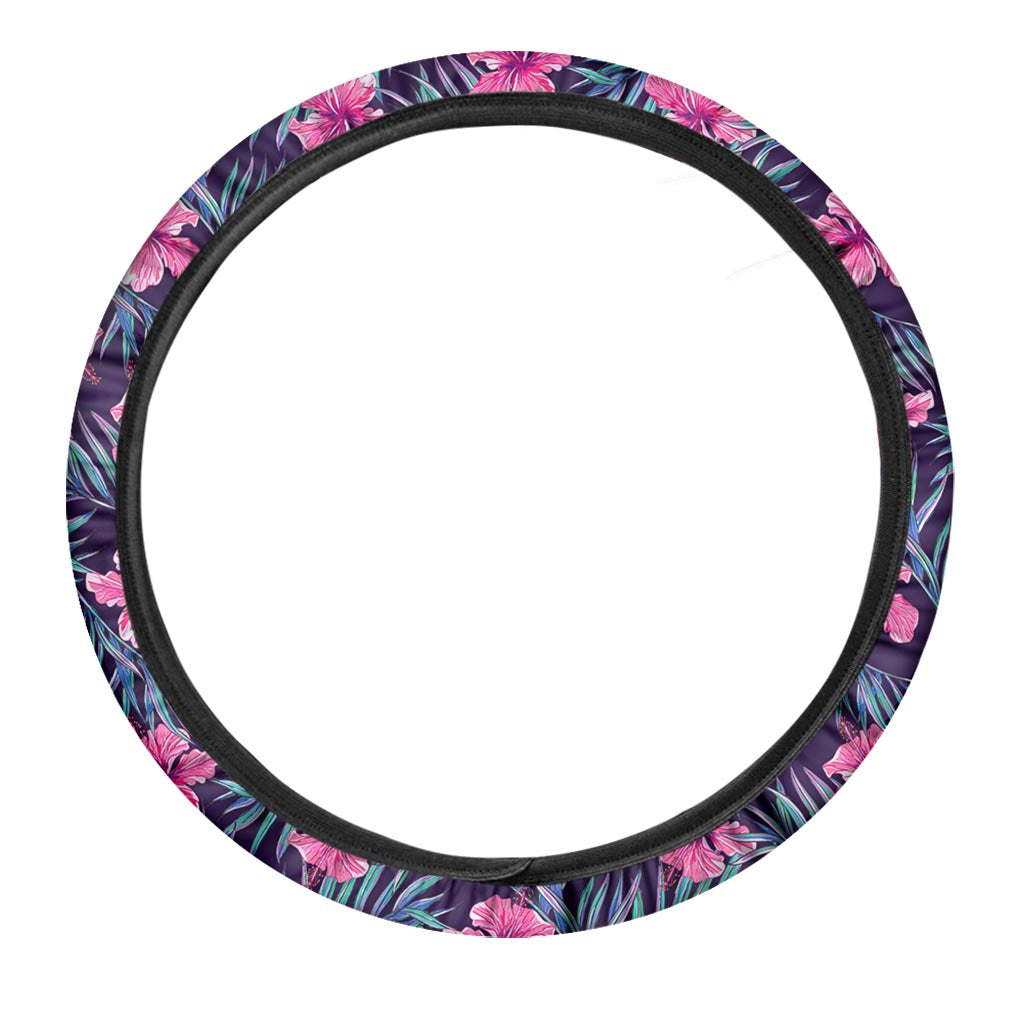 Teal Tropical Hibiscus Pattern Print Car Steering Wheel Cover