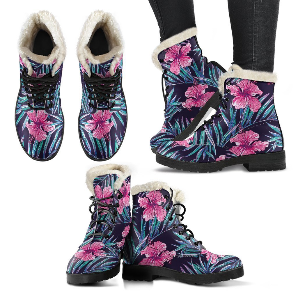 Teal Tropical Hibiscus Pattern Print Comfy Boots GearFrost