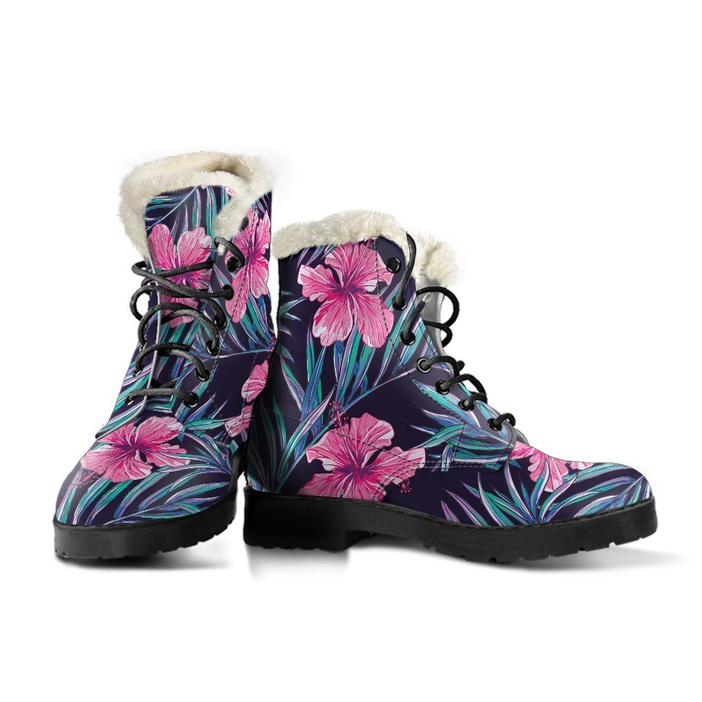 Teal Tropical Hibiscus Pattern Print Comfy Boots GearFrost