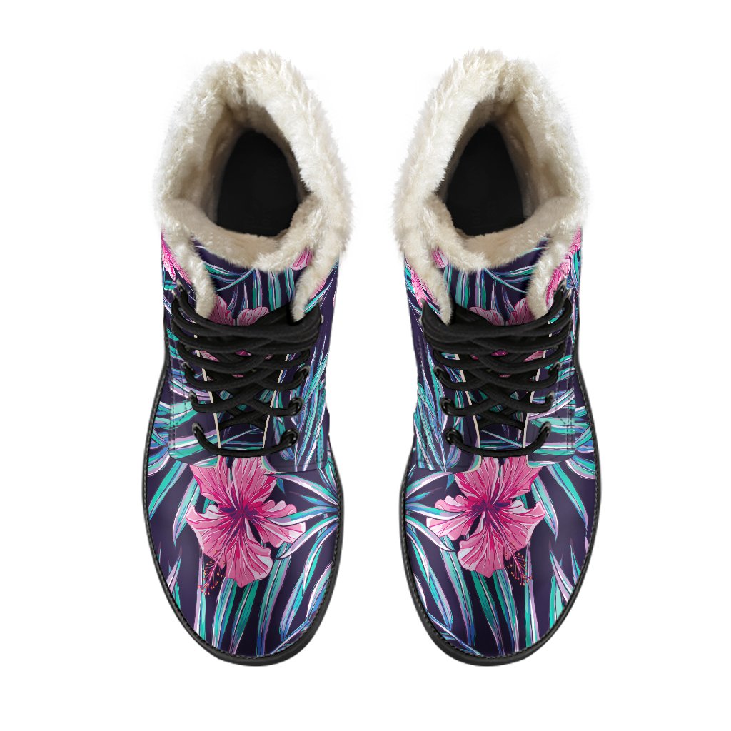 Teal Tropical Hibiscus Pattern Print Comfy Boots GearFrost