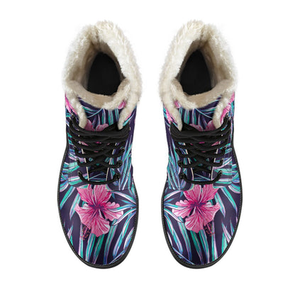 Teal Tropical Hibiscus Pattern Print Comfy Boots GearFrost