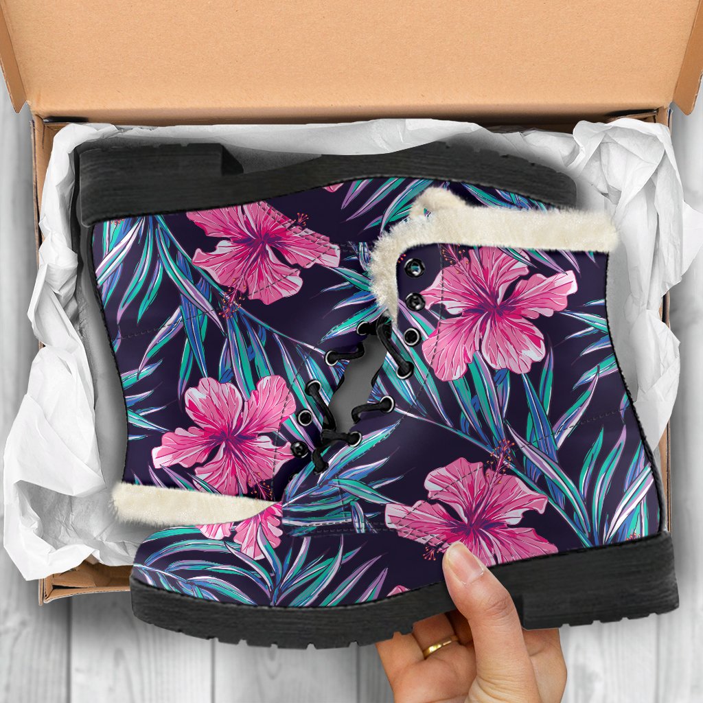 Teal Tropical Hibiscus Pattern Print Comfy Boots GearFrost