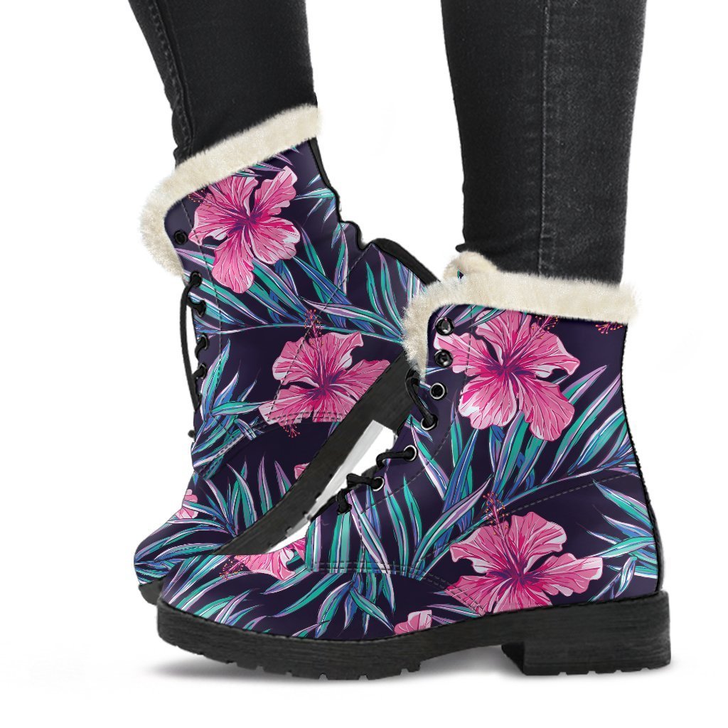 Teal Tropical Hibiscus Pattern Print Comfy Boots GearFrost