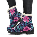Teal Tropical Hibiscus Pattern Print Faux Fur Leather Boots