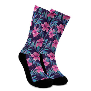 Teal Tropical Hibiscus Pattern Print Crew Socks