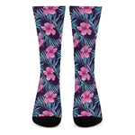 Teal Tropical Hibiscus Pattern Print Crew Socks