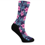 Teal Tropical Hibiscus Pattern Print Crew Socks