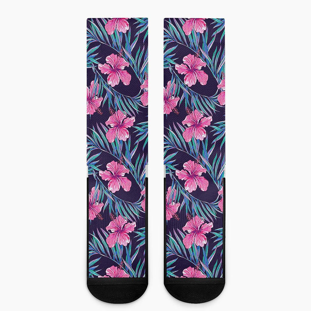 Teal Tropical Hibiscus Pattern Print Crew Socks