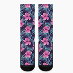 Teal Tropical Hibiscus Pattern Print Crew Socks