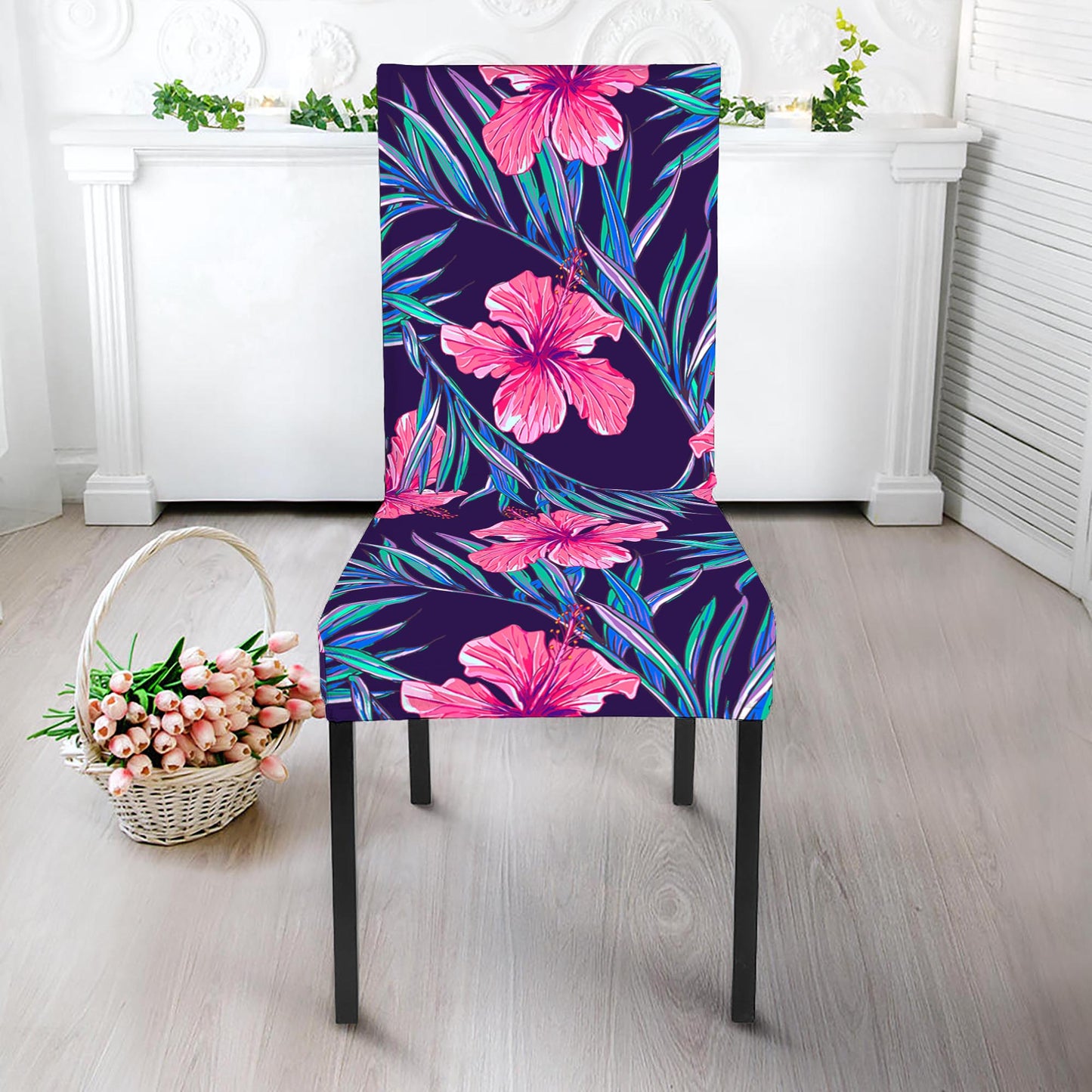Teal Tropical Hibiscus Pattern Print Dining Chair Slipcover