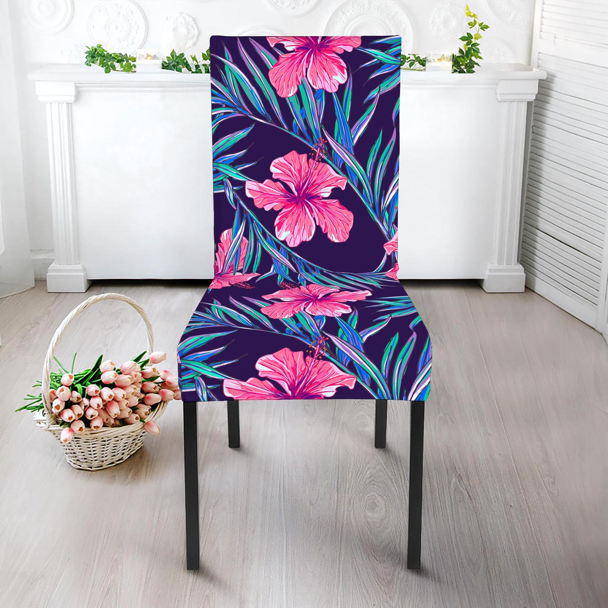 Teal Tropical Hibiscus Pattern Print Dining Chair Slipcover