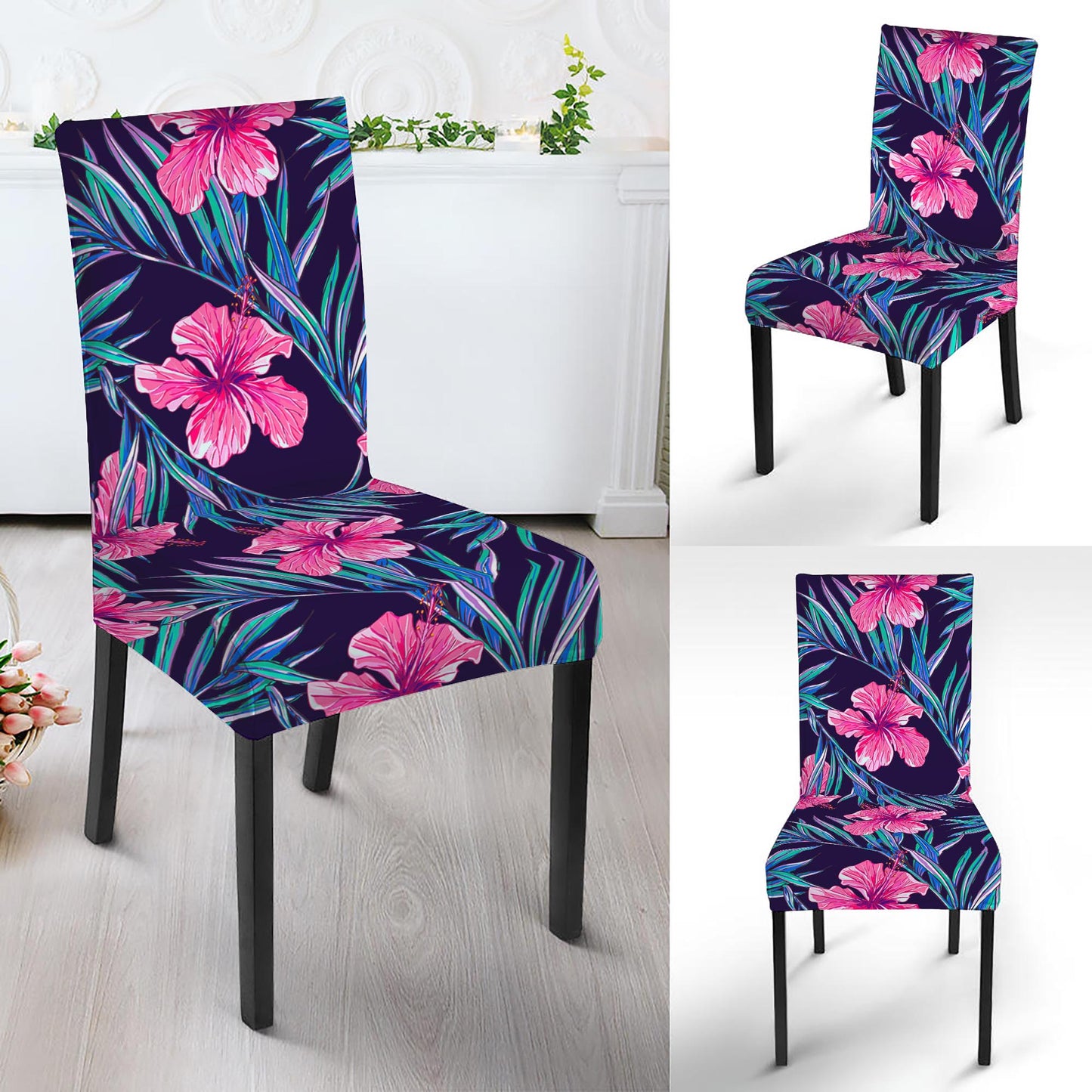 Teal Tropical Hibiscus Pattern Print Dining Chair Slipcover