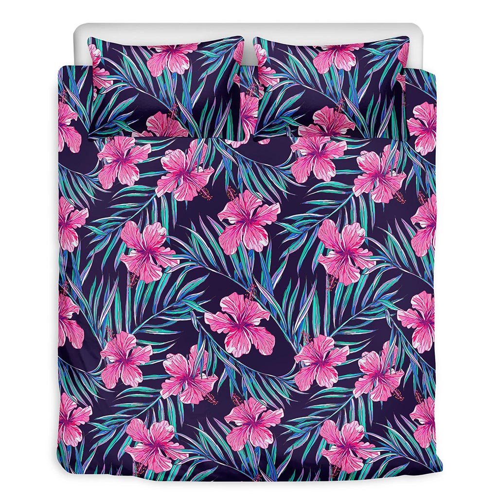 Teal Tropical Hibiscus Pattern Print Duvet Cover Bedding Set