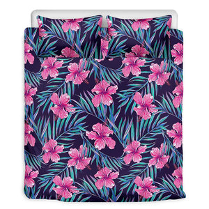 Teal Tropical Hibiscus Pattern Print Duvet Cover Bedding Set