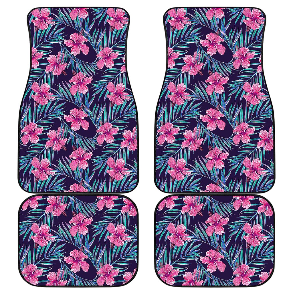 Teal Tropical Hibiscus Pattern Print Front and Back Car Floor Mats