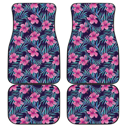 Teal Tropical Hibiscus Pattern Print Front and Back Car Floor Mats