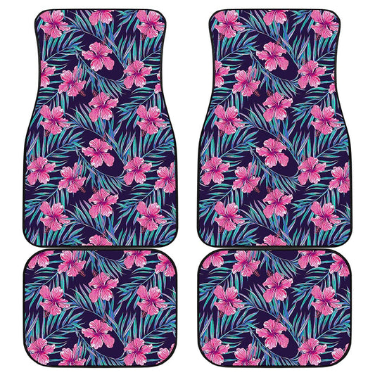 Teal Tropical Hibiscus Pattern Print Front and Back Car Floor Mats
