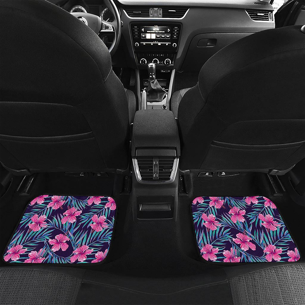 Teal Tropical Hibiscus Pattern Print Front and Back Car Floor Mats