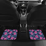 Teal Tropical Hibiscus Pattern Print Front and Back Car Floor Mats