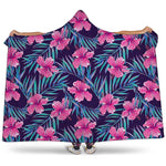 Teal Tropical Hibiscus Pattern Print Hooded Blanket