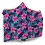 Teal Tropical Hibiscus Pattern Print Hooded Blanket