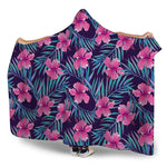 Teal Tropical Hibiscus Pattern Print Hooded Blanket