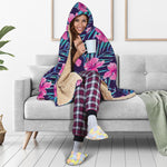 Teal Tropical Hibiscus Pattern Print Hooded Blanket
