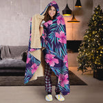 Teal Tropical Hibiscus Pattern Print Hooded Blanket