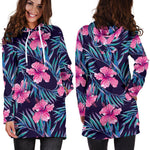 Teal Tropical Hibiscus Pattern Print Hoodie Dress GearFrost