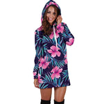 Teal Tropical Hibiscus Pattern Print Hoodie Dress GearFrost