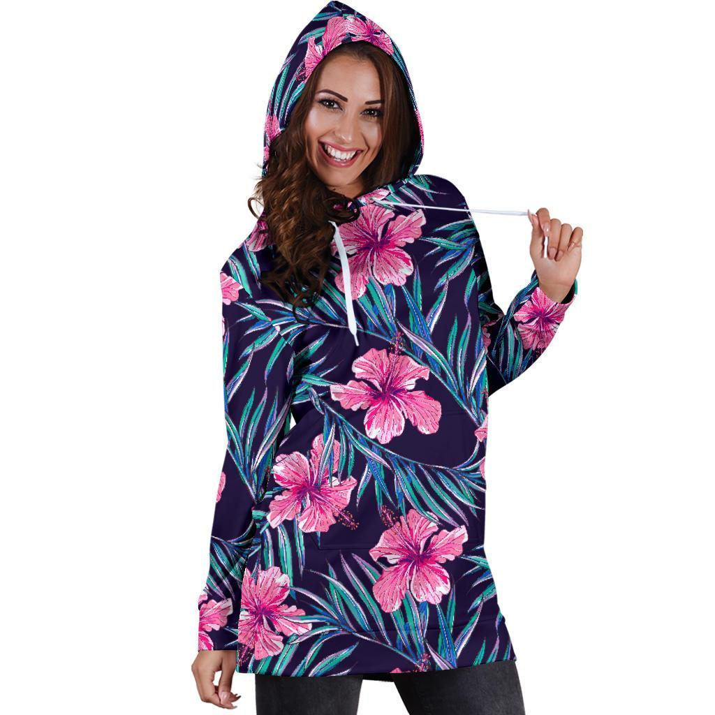 Teal Tropical Hibiscus Pattern Print Hoodie Dress GearFrost