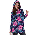 Teal Tropical Hibiscus Pattern Print Hoodie Dress GearFrost