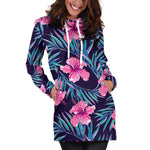 Teal Tropical Hibiscus Pattern Print Hoodie Dress GearFrost