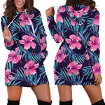 Teal Tropical Hibiscus Pattern Print Hoodie Dress GearFrost