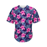 Teal Tropical Hibiscus Pattern Print Men's Baseball Jersey