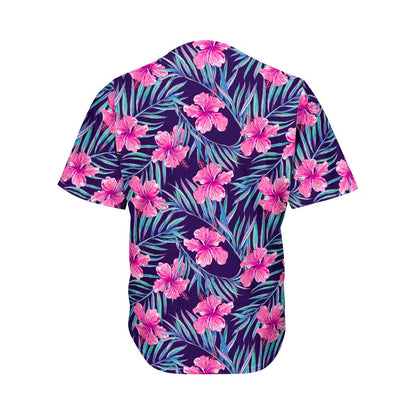Teal Tropical Hibiscus Pattern Print Men's Baseball Jersey
