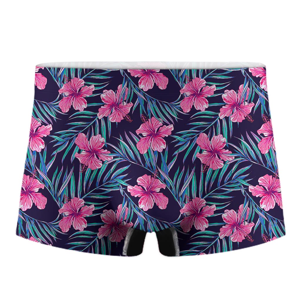 Teal Tropical Hibiscus Pattern Print Men's Boxer Briefs